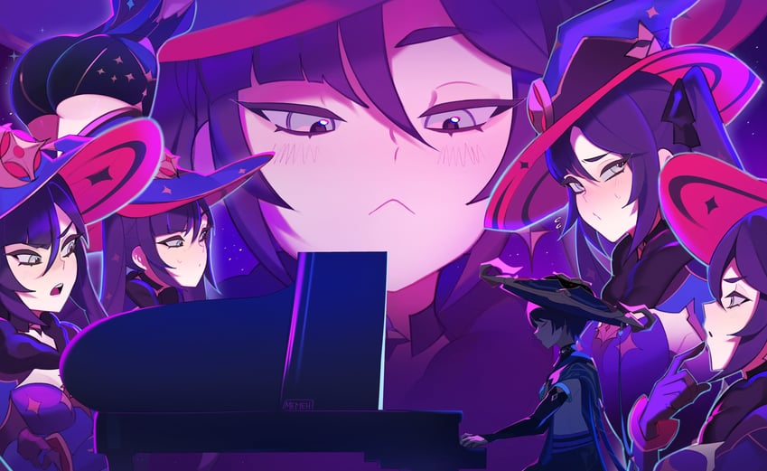 scaramouche, wanderer, and mona (genshin impact and 3 more) drawn by memeh