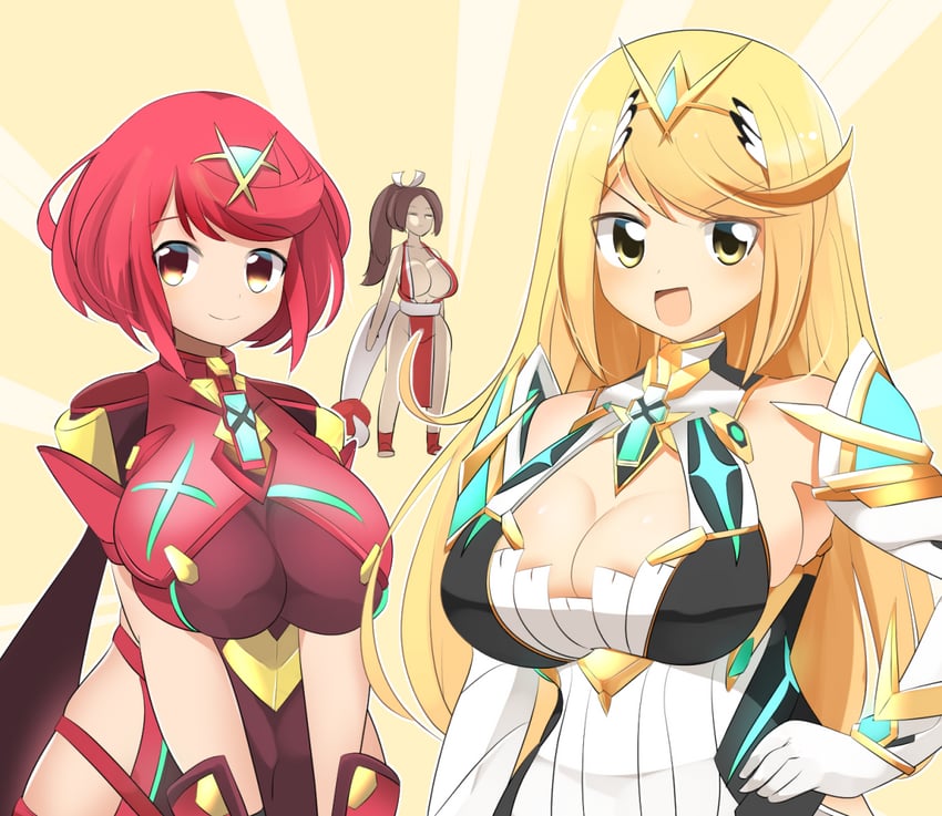 pyra, mythra, and shiranui mai (xenoblade chronicles and 3 more) drawn by lets0020