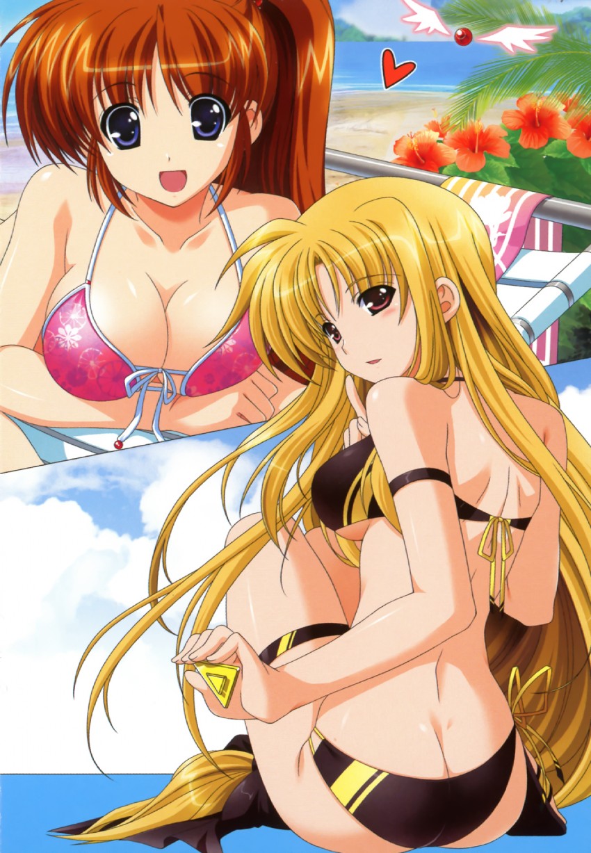 fate testarossa, takamachi nanoha, raising heart, and bardiche (lyrical nanoha and 1 more) drawn by higa_yukari