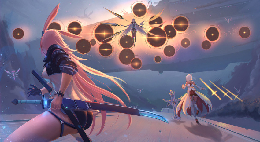 kiana kaslana, theresa apocalypse, yae sakura, and honkai beast (honkai and 1 more) drawn by yeyufeng