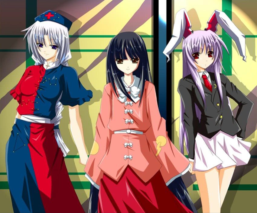 reisen udongein inaba, houraisan kaguya, and yagokoro eirin (touhou) drawn by fumihiro