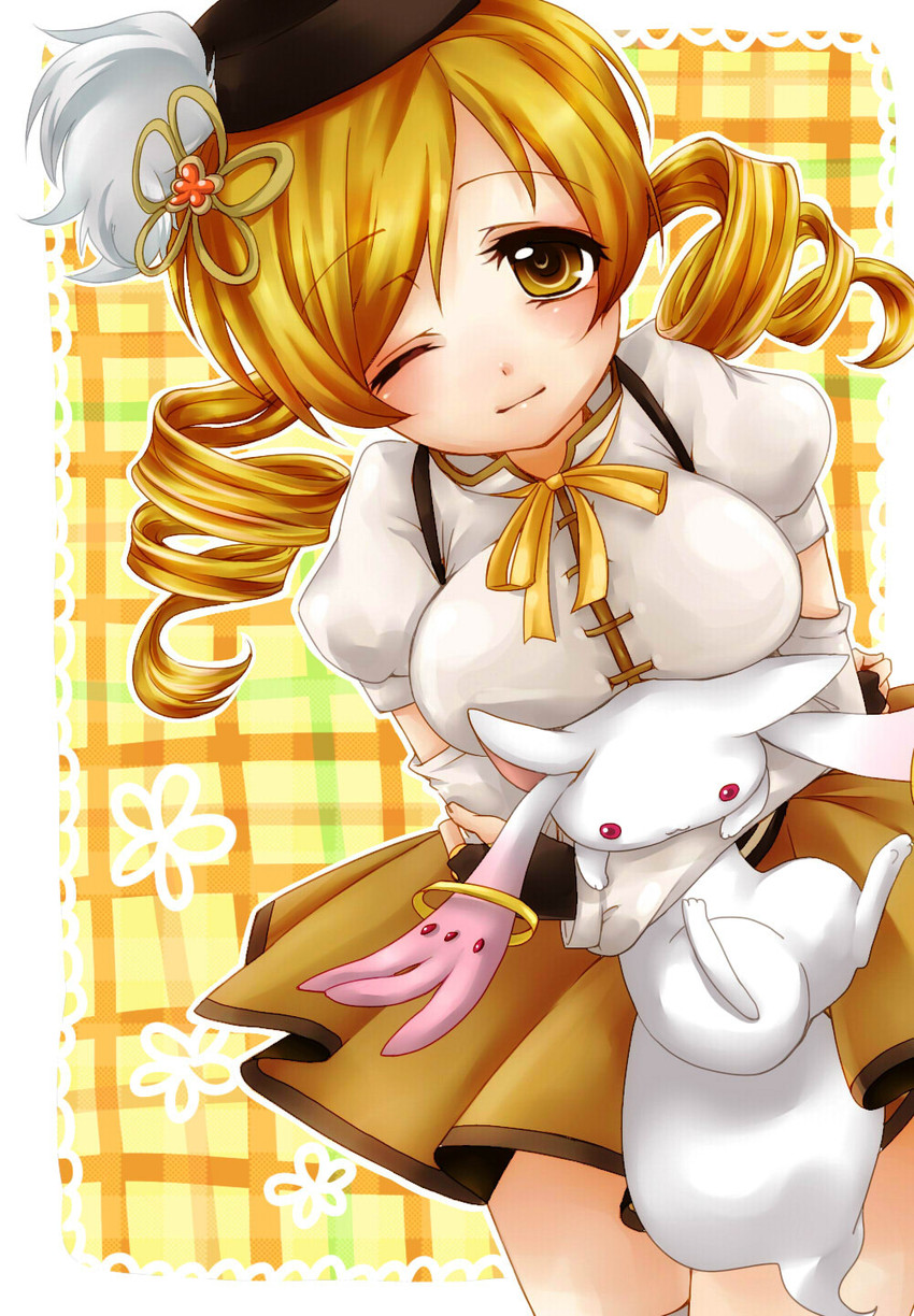 tomoe mami and kyubey (mahou shoujo madoka magica) drawn by emu_(trigger)