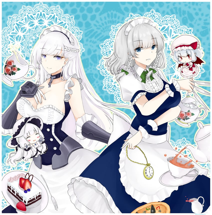 remilia scarlet, izayoi sakuya, belfast, and illustrious (touhou and 1 more) drawn by melancessfirmament