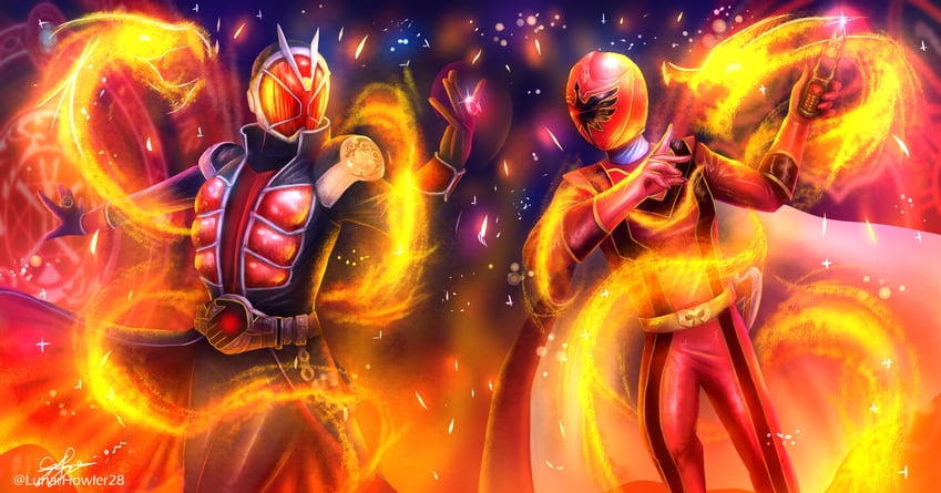 kamen rider wizard, flame style, and magired (kamen rider and 3 more) drawn by lunarhowler