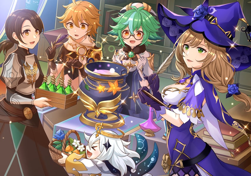 aether, paimon, lisa, and sucrose (genshin impact) drawn by ankoro