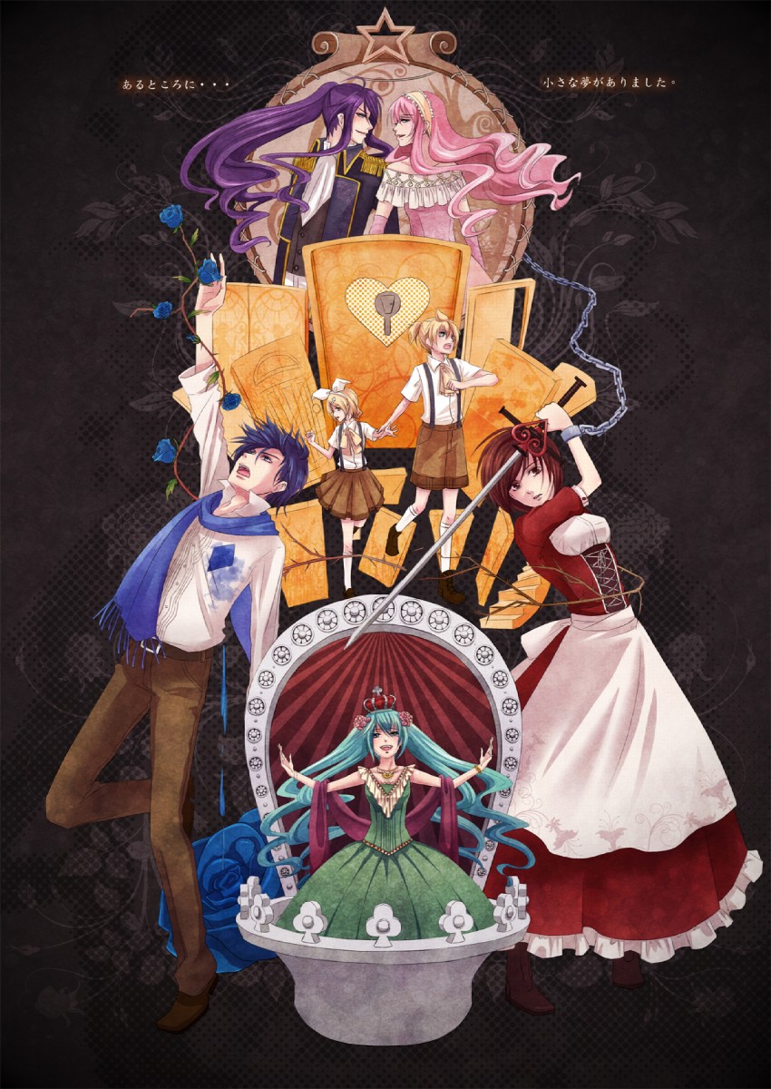 hatsune miku, kagamine rin, kagamine len, megurine luka, kaito, and 2 more (vocaloid and 1 more) drawn by catwhathk