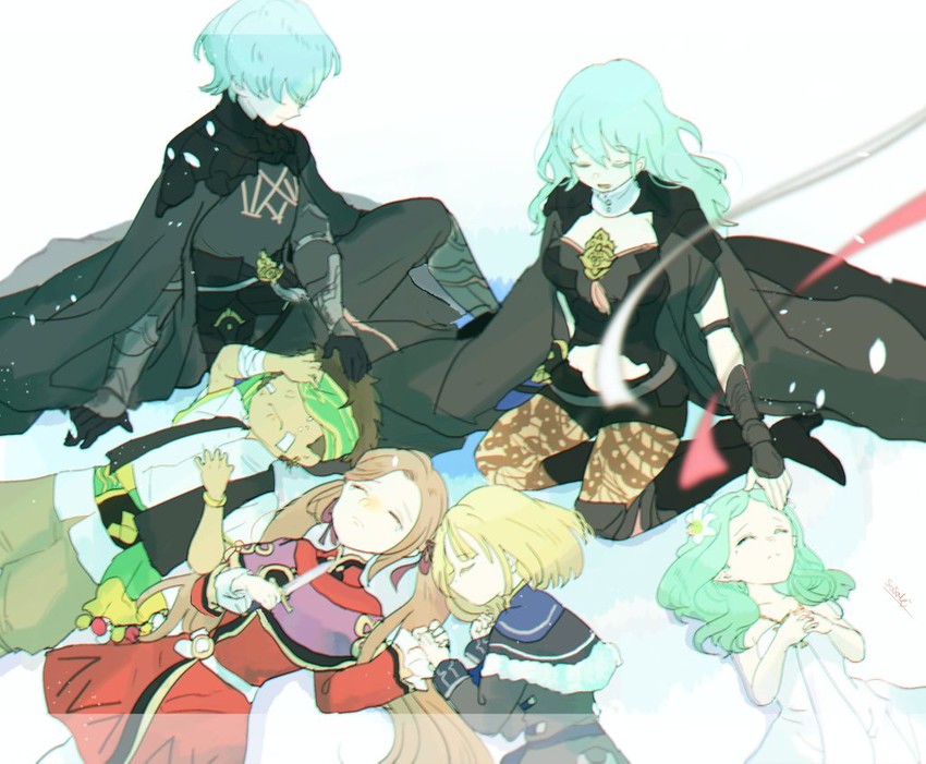 edelgard von hresvelg, dimitri alexandre blaiddyd, claude von riegan, female byleth, rhea, and 1 more (fire emblem and 1 more) drawn by sasaki_(dkenpisss)