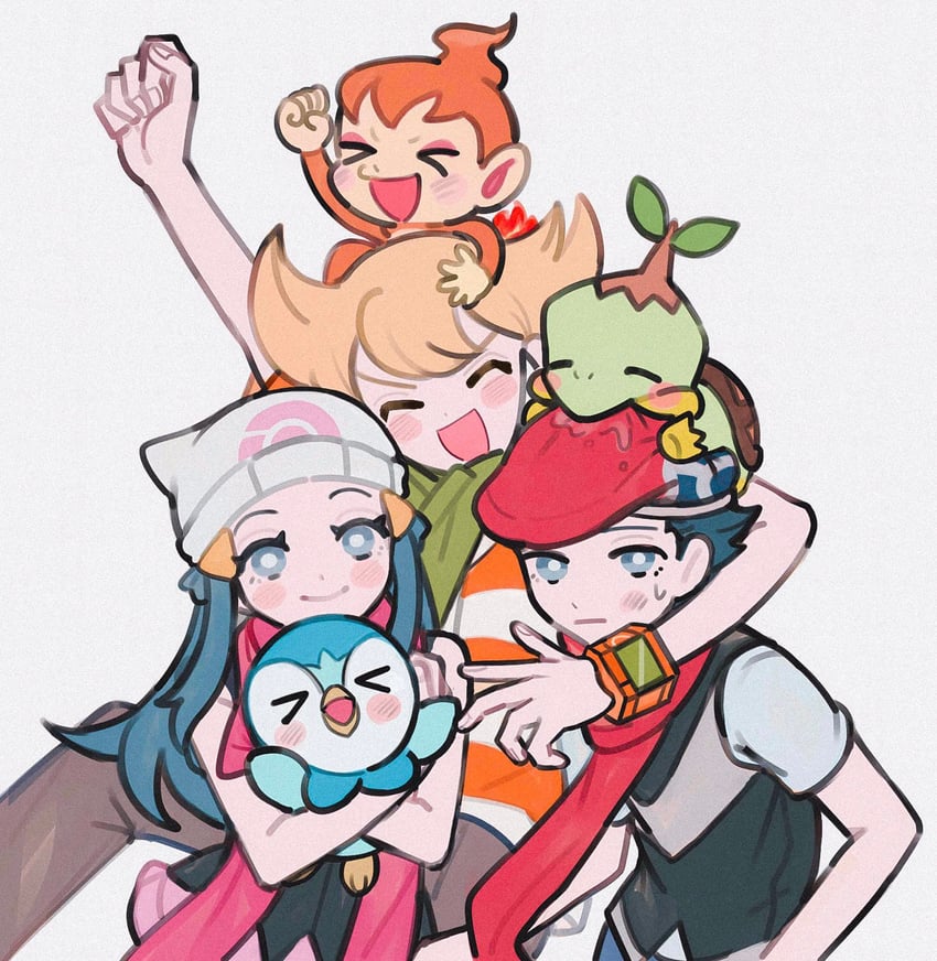dawn, piplup, lucas, barry, turtwig, and 1 more (pokemon and 1 more) drawn by morning_(d0nteat)