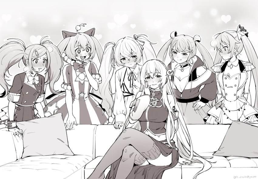 hatsune miku, megurine luka, 25-ji miku, wonderlands x showtime miku, vivid bad squad miku, and 2 more (vocaloid and 1 more) drawn by ge-b