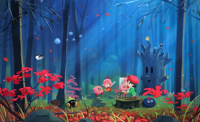 kirby, adeleine, ribbon, gooey, whispy woods, and 9 more (kirby and 2 more) drawn by suyasuyabi