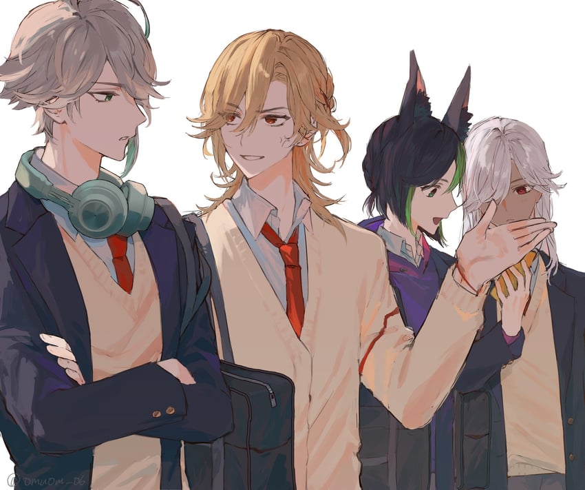 alhaitham, tighnari, kaveh, and cyno (genshin impact) drawn by omuomu_06