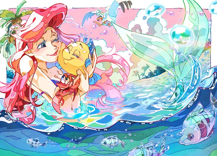 ariel, flounder, sebastian, and scuttle (the little mermaid) drawn by imomushi_(pixiv_9001433)