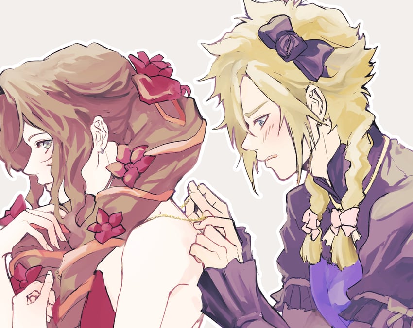 cloud strife and aerith gainsborough (final fantasy and 2 more) drawn by demi_co