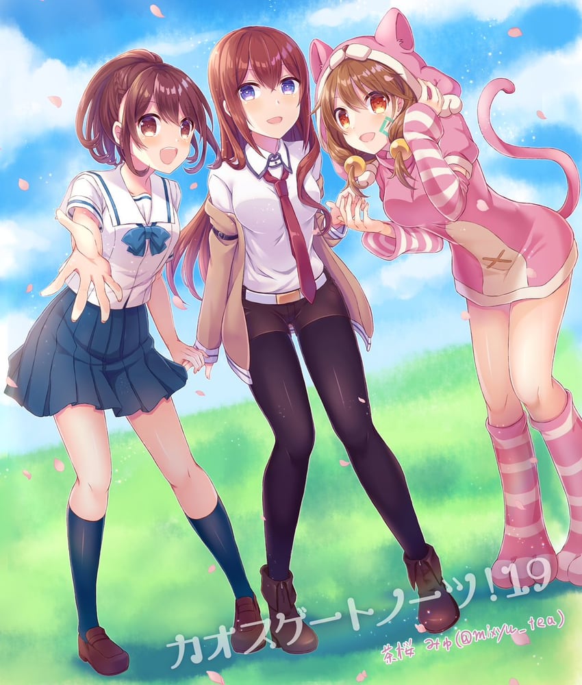 makise kurisu, senomiya akiho, and aizaki momo (steins;gate and 3 more) drawn by nishijou_myu