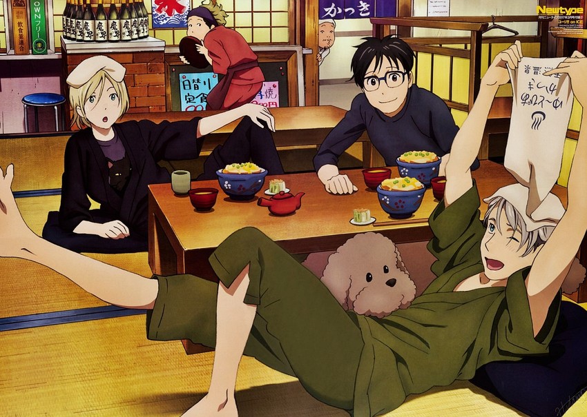 katsuki yuuri, viktor nikiforov, yuri plisetsky, makkachin, and katsuki mari (yuri!!! on ice and 1 more) drawn by aizawa_masahiro