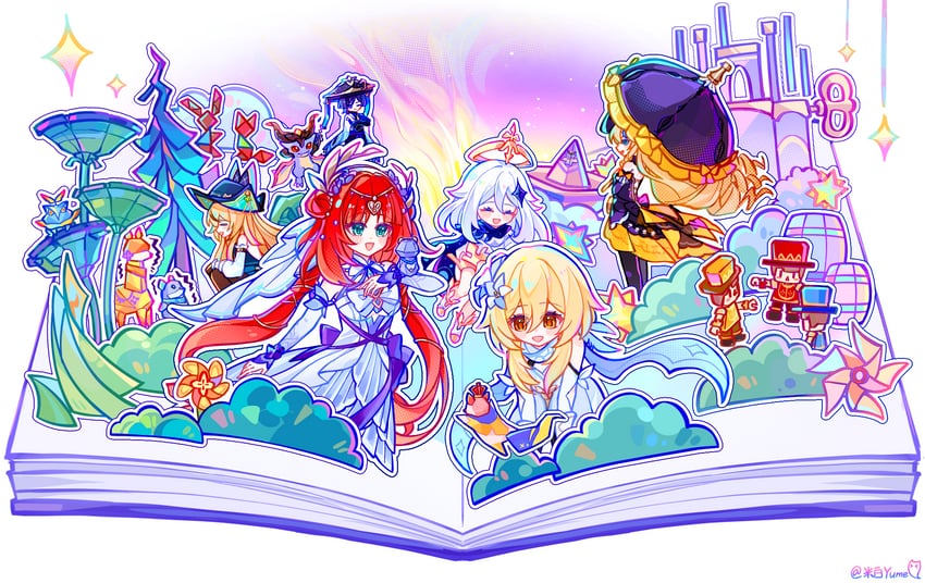 lumine, scaramouche, wanderer, paimon, navia, and 3 more (genshin impact) drawn by mibai_yume