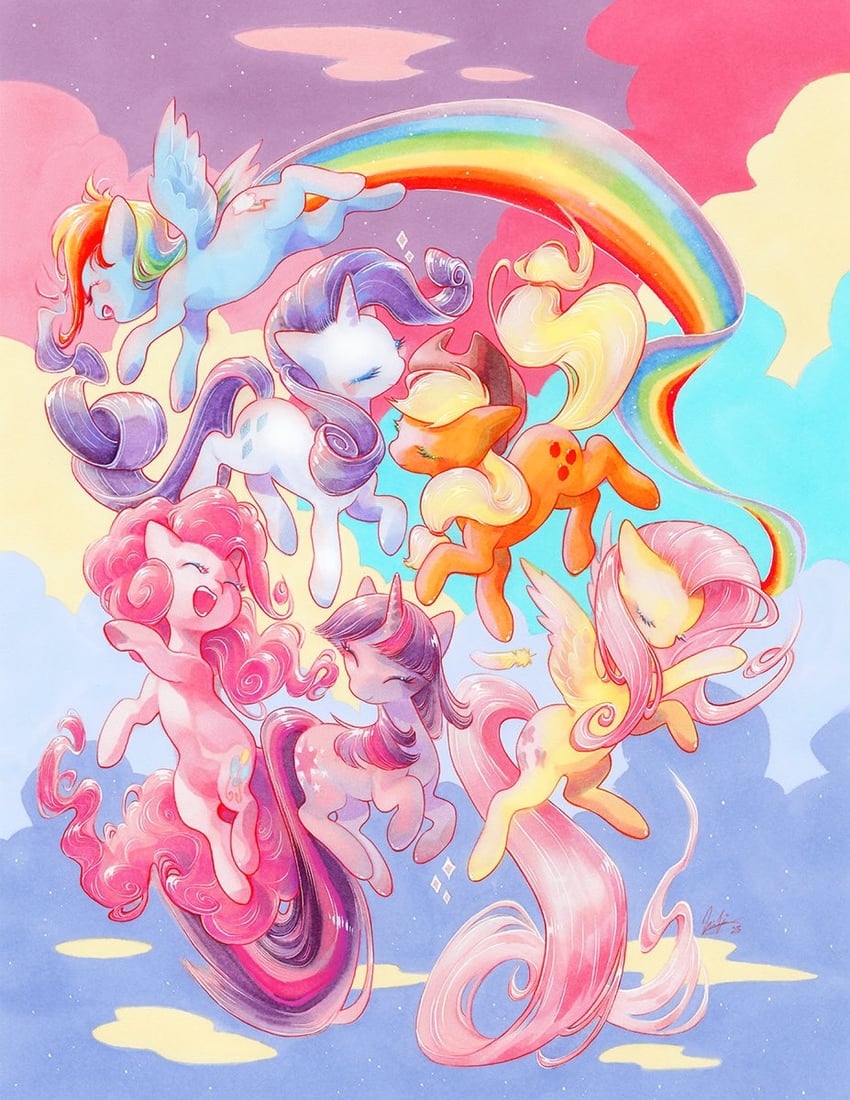 twilight sparkle, fluttershy, rainbow dash, pinkie pie, rarity, and 1 more (my little pony and 1 more) drawn by fleebites
