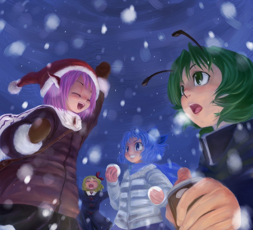 cirno, rumia, mystia lorelei, and wriggle nightbug (touhou) drawn by kiriu