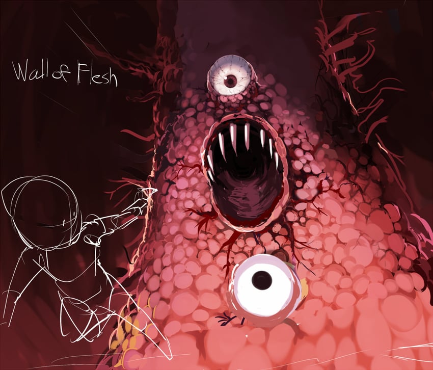 player character and wall of flesh (terraria) drawn by ario