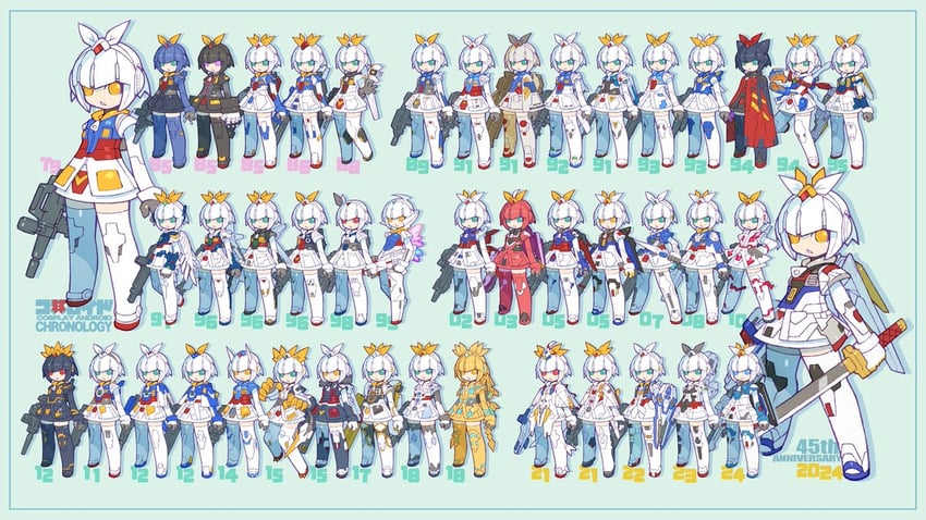 rx-78-2 gundam, gundam aerial, zeta gundam, nu gundam, unicorn gundam, and 30 more (gundam and 23 more) drawn by nakayama_tooru