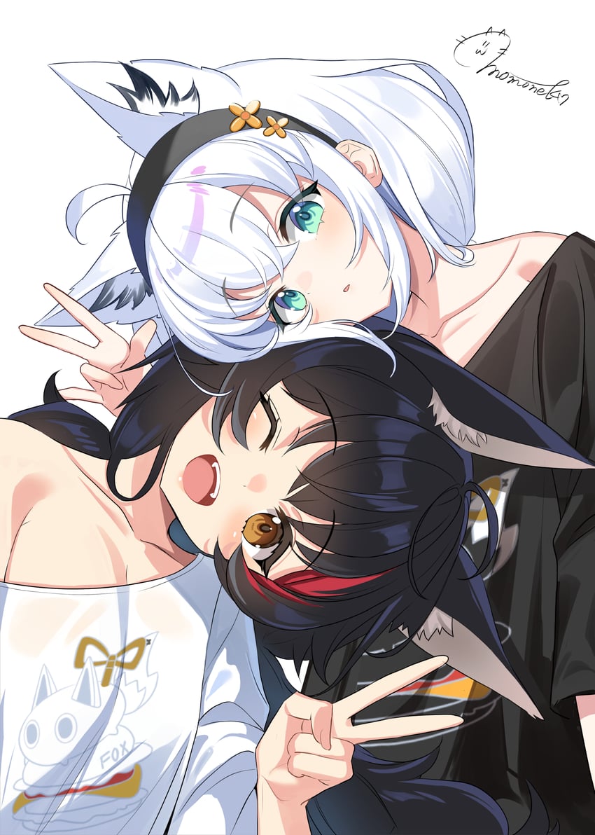 shirakami fubuki and ookami mio (hololive) drawn by momone_cco
