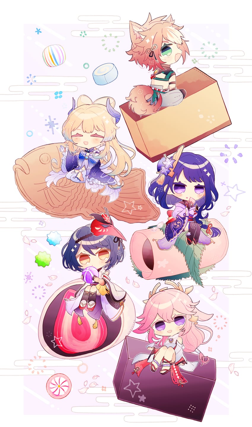 raiden shogun, yae miko, sangonomiya kokomi, kujou sara, and gorou (genshin impact) drawn by poe_www