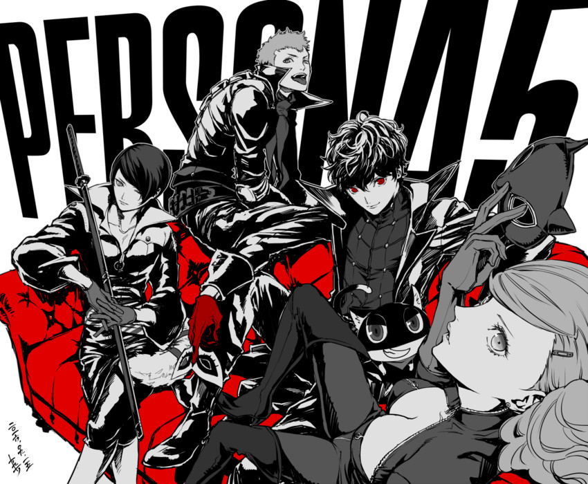 amamiya ren, takamaki anne, morgana, panther, sakamoto ryuuji, and 3 more (persona and 1 more) drawn by saitou_rokuro