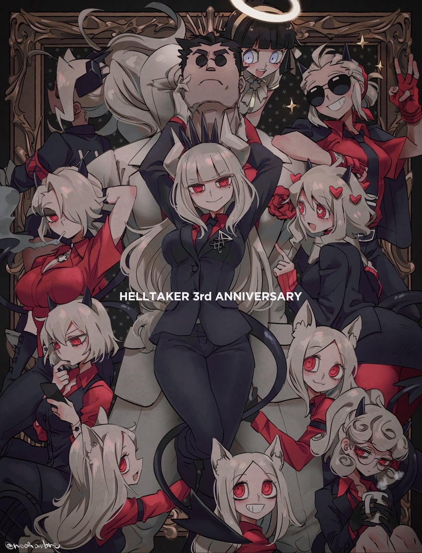 lucifer, modeus, justice, helltaker, cerberus, and 5 more (helltaker) drawn by noah_(tettsui-sole)