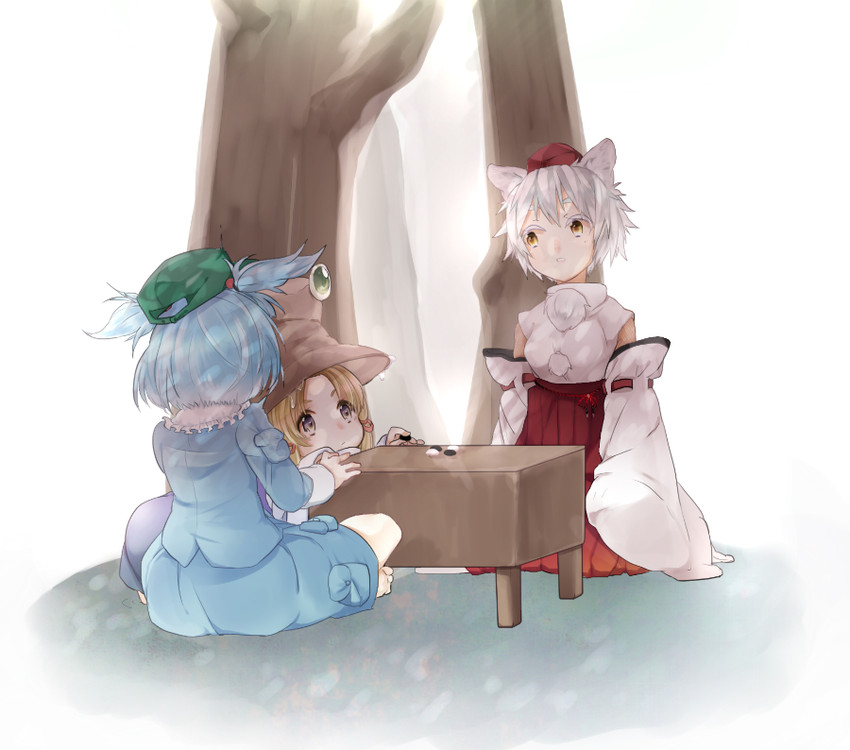 inubashiri momiji, moriya suwako, and kawashiro nitori (touhou) drawn by kabasaki
