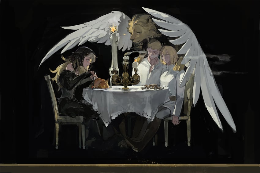 marcille donato, falin touden, laios touden, and winged lion (dungeon meshi) drawn by eucharist_(susukinoo)