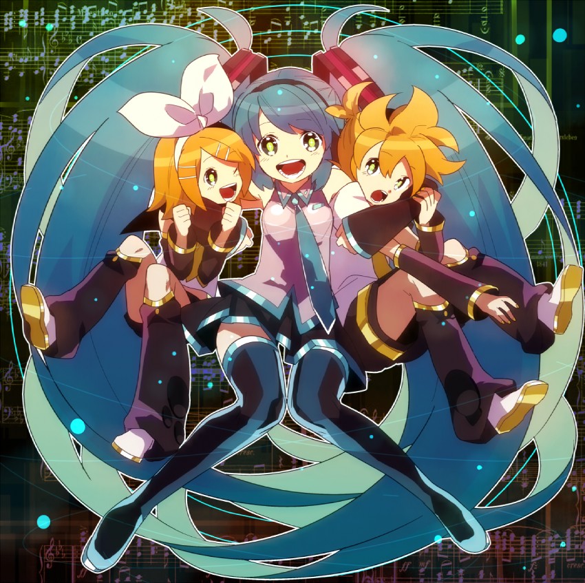 hatsune miku, kagamine rin, and kagamine len (vocaloid) drawn by hidakarumen