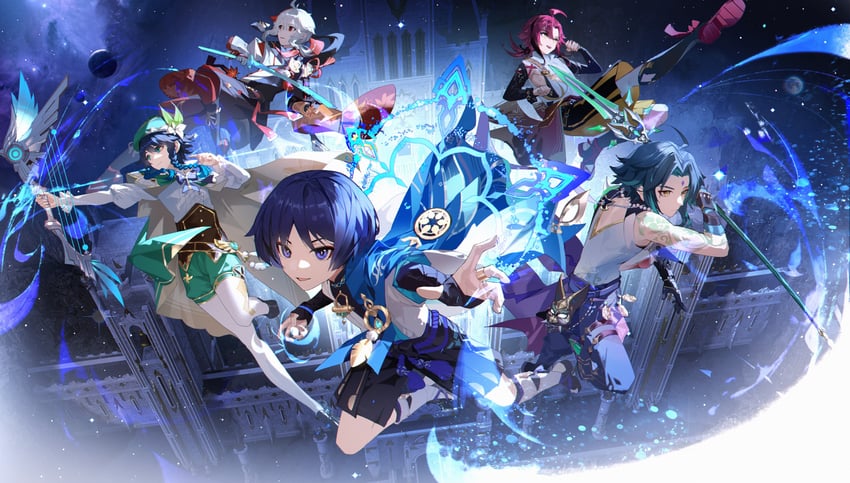 scaramouche, wanderer, venti, xiao, kaedehara kazuha, and 1 more (genshin impact) drawn by leleyoukuailele