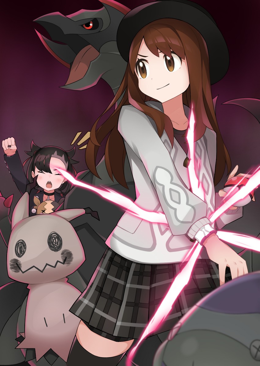 marnie, gloria, morpeko, mimikyu, haxorus, and 1 more (pokemon and 1 more) drawn by itame_moyashi