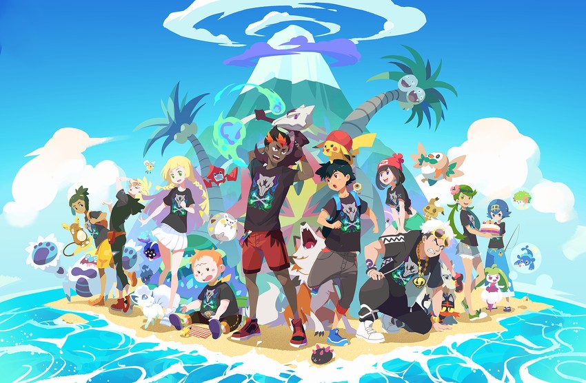 pikachu, lillie, ash ketchum, selene, rotom, and 29 more (pokemon and 1 more) drawn by kariki_hajime