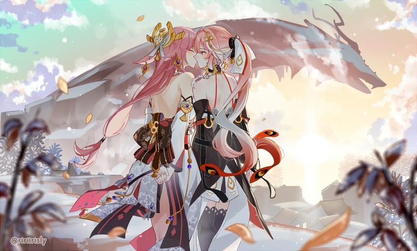 yae miko and changli (genshin impact and 1 more) drawn by ririirisly