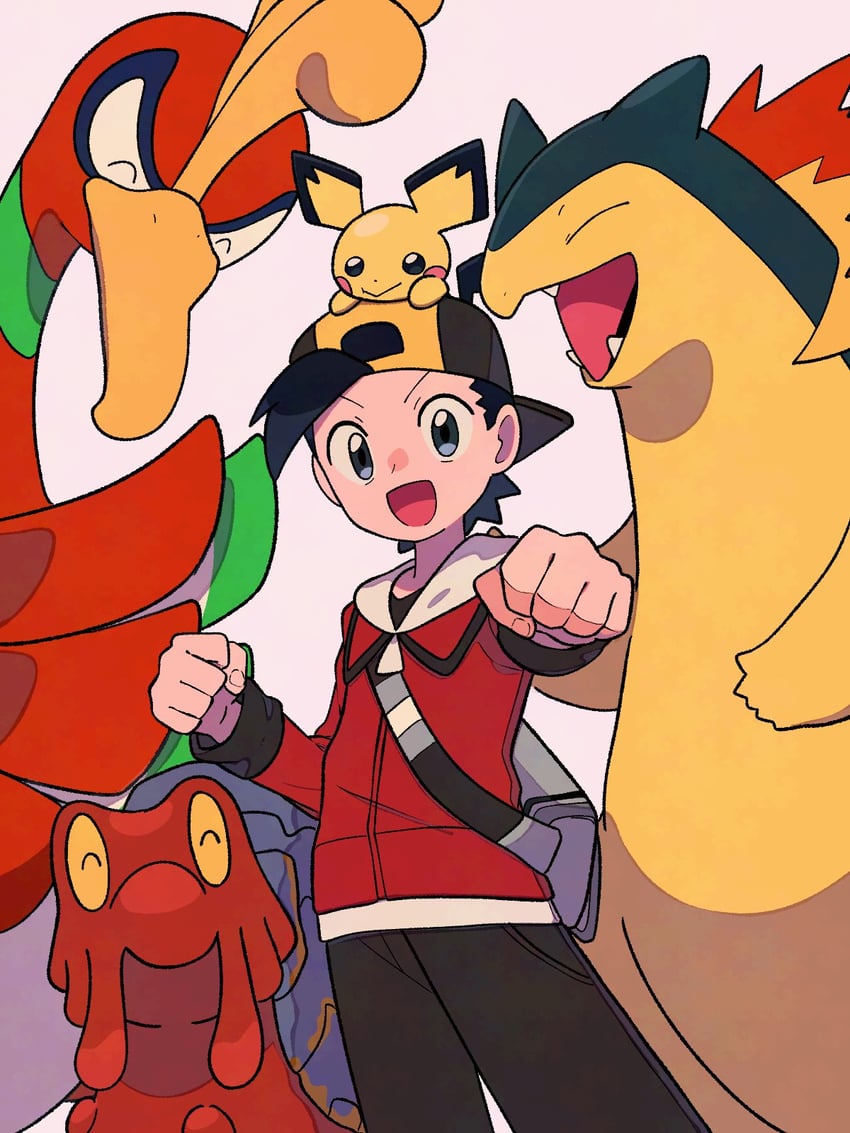ethan, pichu, typhlosion, ho-oh, and magcargo (pokemon and 1 more) drawn by tyako_089