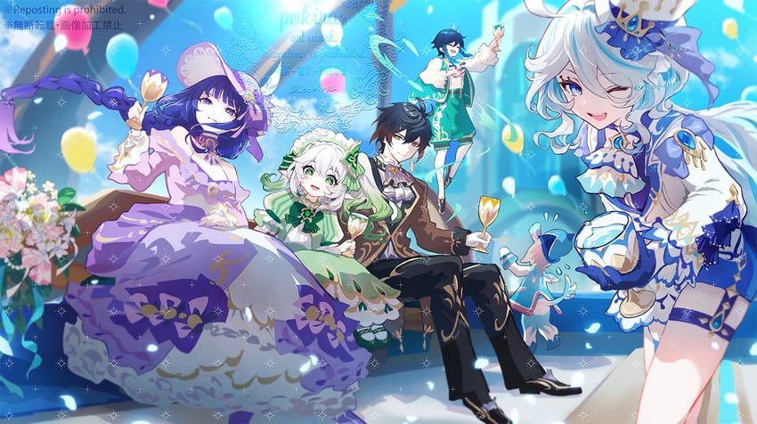raiden shogun, furina, nahida, zhongli, and venti (genshin impact) drawn by pokira