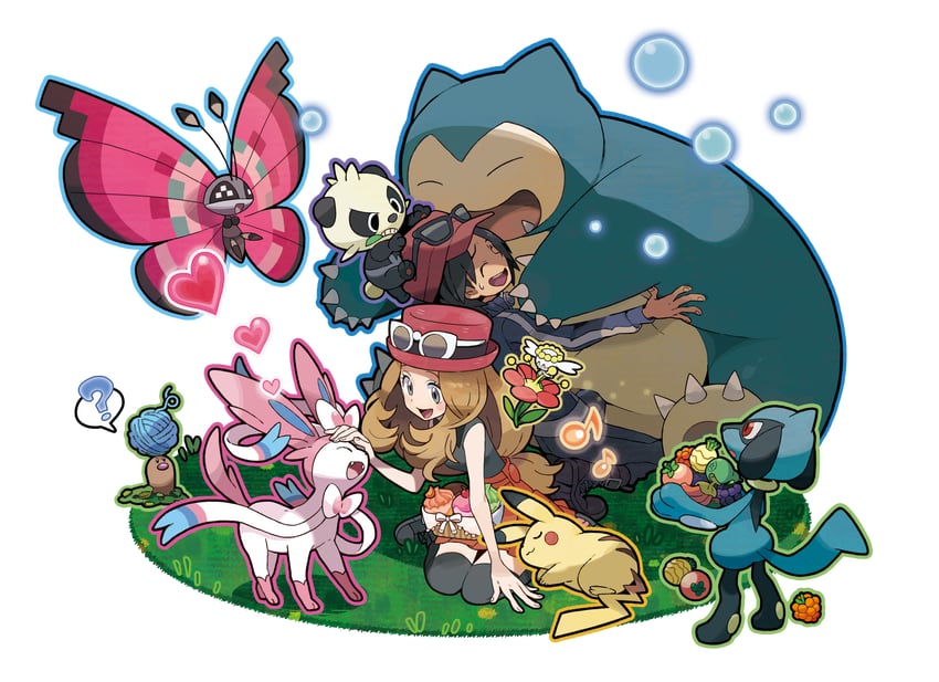 pikachu, serena, sylveon, calem, snorlax, and 5 more (pokemon and 1 more) drawn by oomura_yuusuke