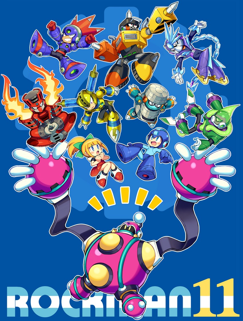 roll, mega man, fuse man, tundra man, block man, and 5 more (mega man and 1 more) drawn by iroyopon