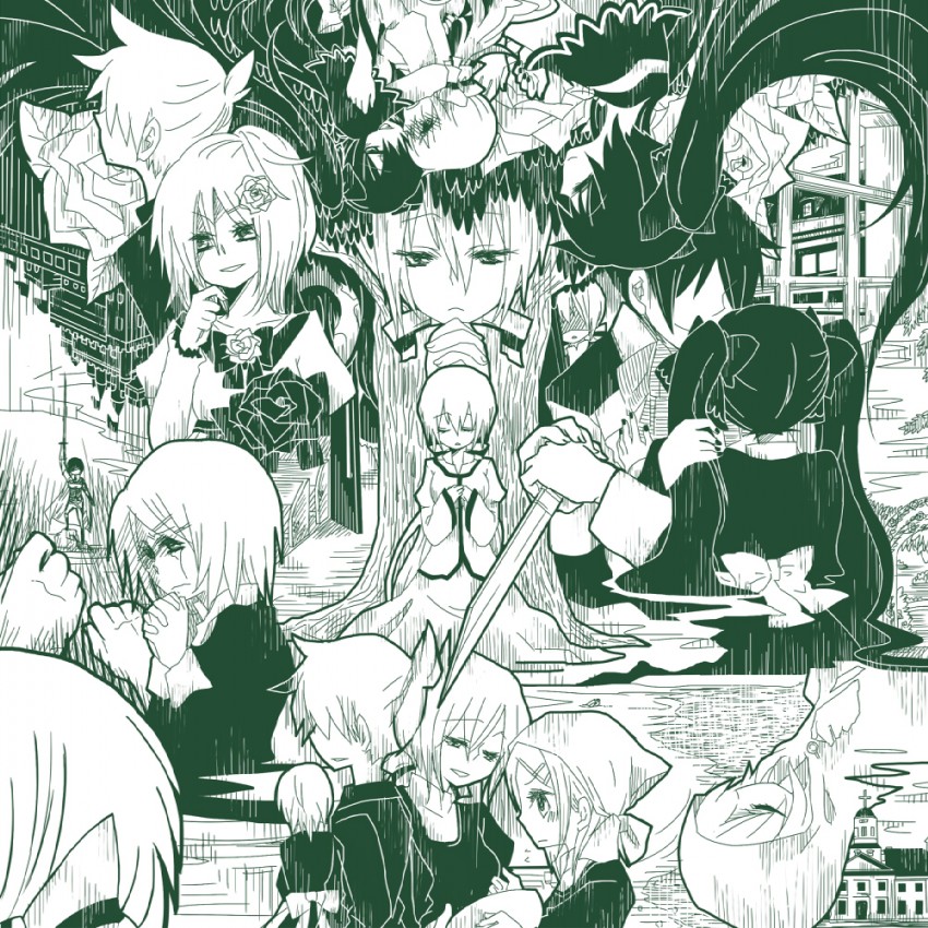 hatsune miku, kagamine rin, kagamine len, kaito, meiko, and 8 more (vocaloid and 3 more) drawn by hisashi_shin