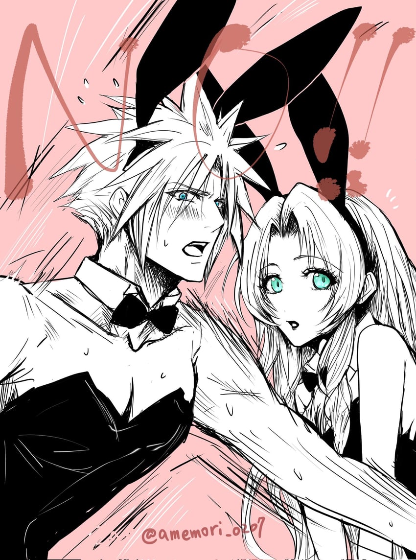 cloud strife and aerith gainsborough (final fantasy and 1 more) drawn by amemori_0207