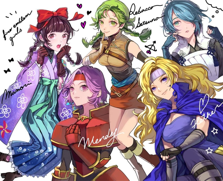 setsuna, rebecca, heather, minamoto mamori, and gwendolyn (fire emblem and 5 more) drawn by tsuko_(25mnts)