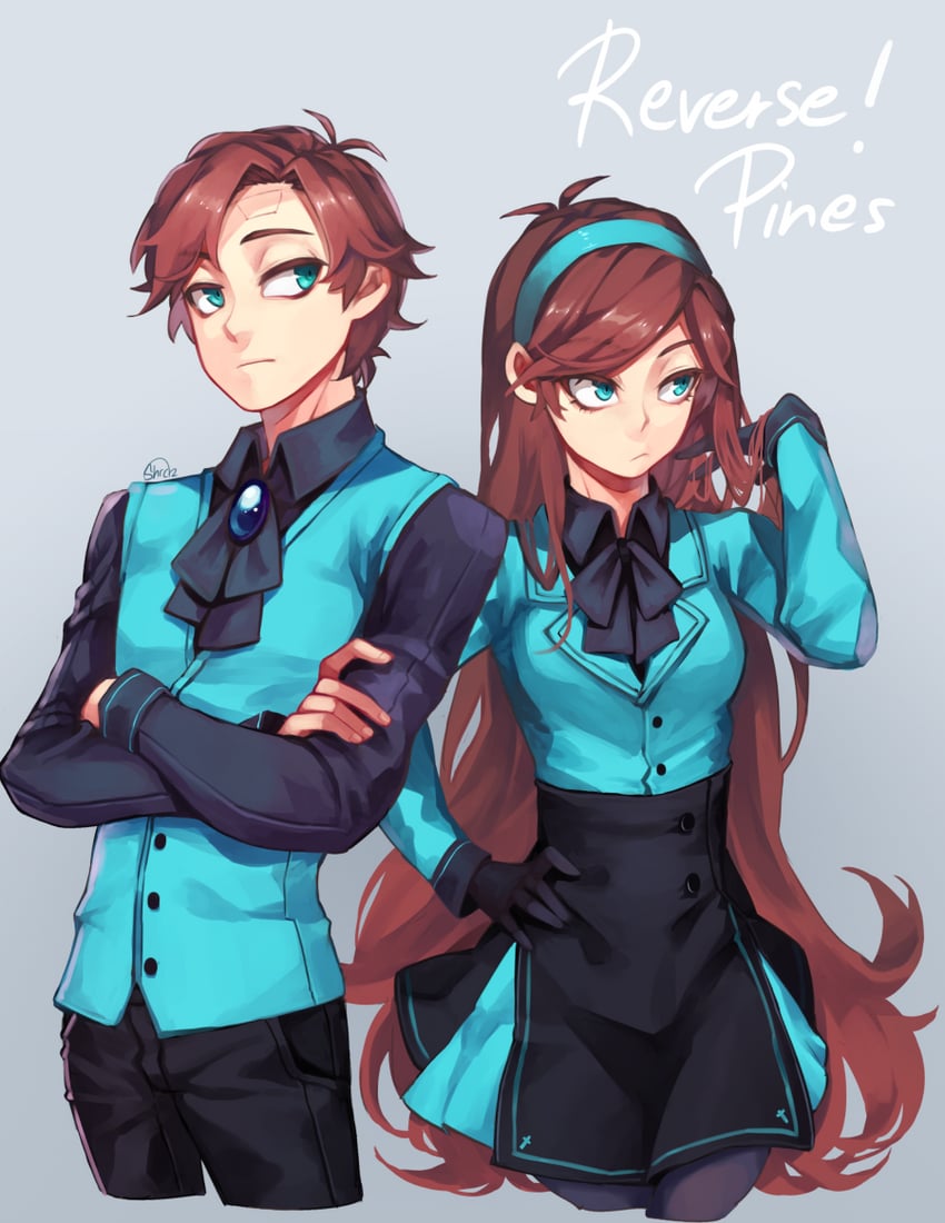 mabel pines, dipper pines, dipper gleeful, and mabel gleeful (gravity falls) drawn by shourca