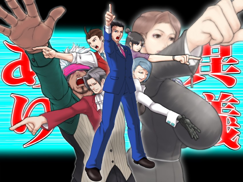 phoenix wright, miles edgeworth, maya fey, apollo justice, franziska von karma, and 2 more (ace attorney and 1 more) drawn by moyashipan