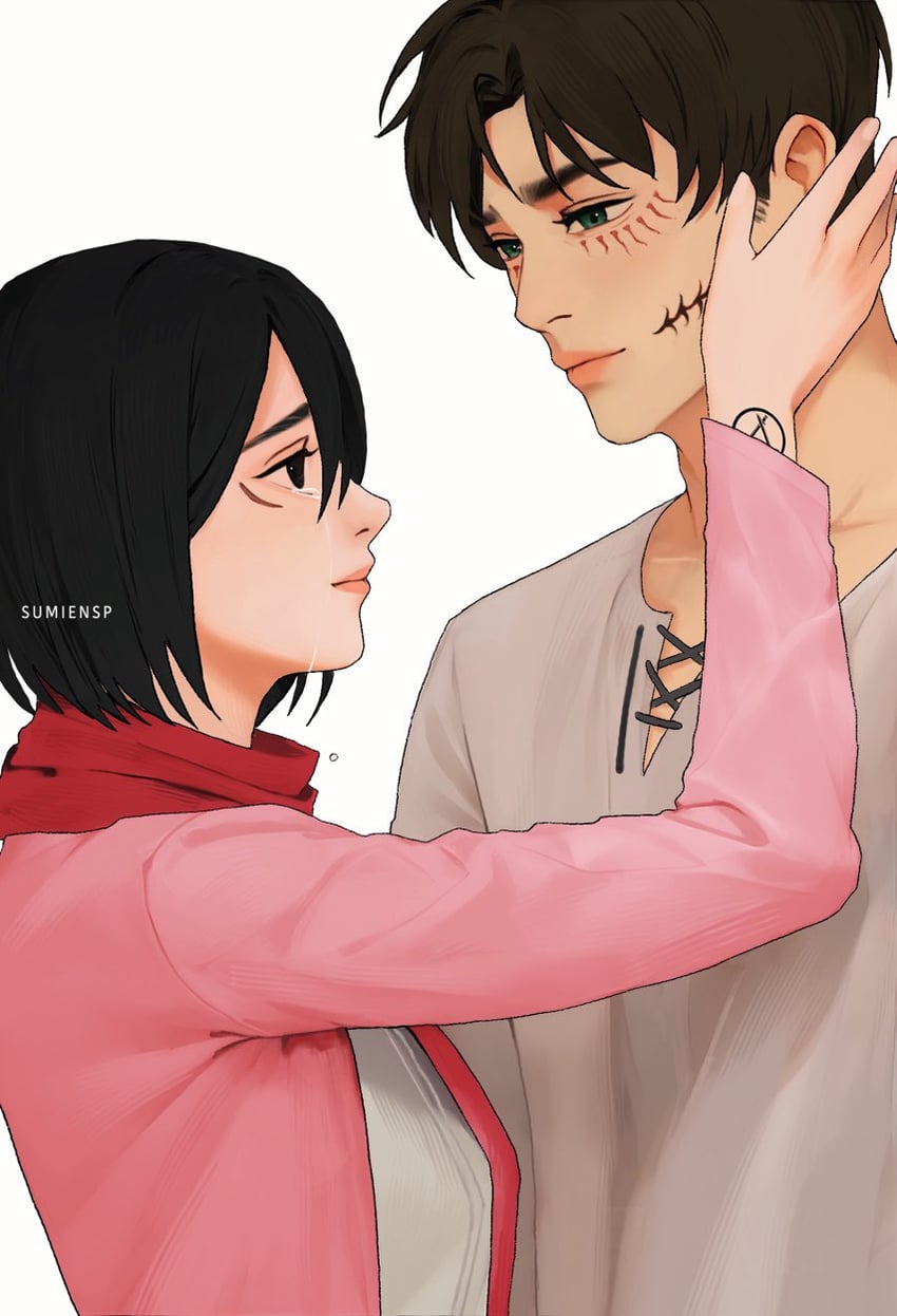 mikasa ackerman and eren yeager (shingeki no kyojin) drawn by sumiensp