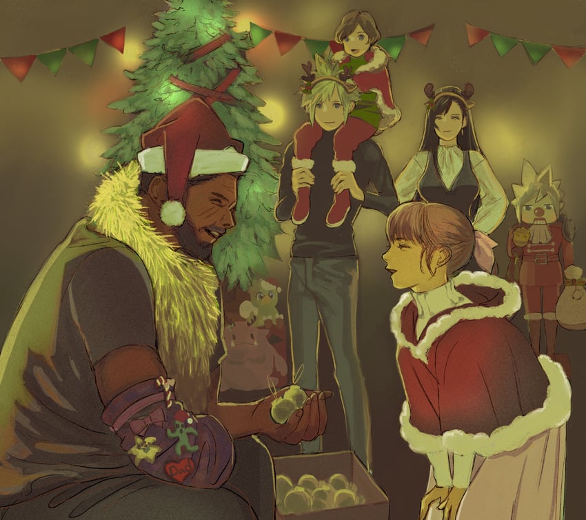 tifa lockhart, cloud strife, moogle, barret wallace, sabotender, and 2 more (final fantasy and 2 more) drawn by tori_(labyrinth_fft)