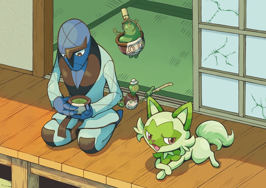 sprigatito, sinistcha, sawk, and poltchageist (pokemon) drawn by q-chan