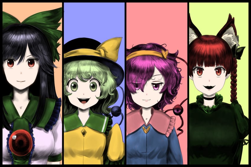 komeiji koishi, komeiji satori, kaenbyou rin, and reiuji utsuho (touhou) drawn by numenoko