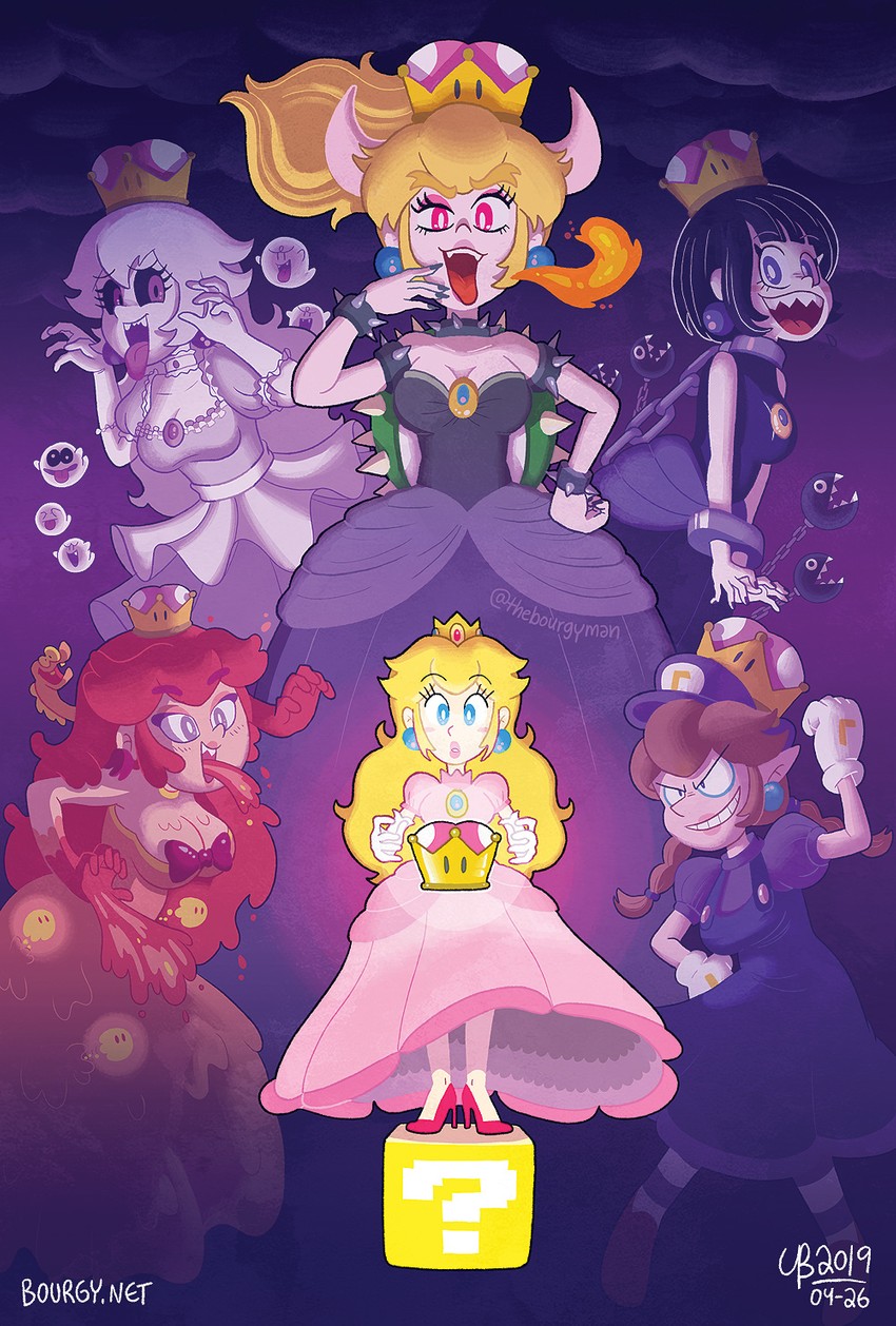 princess peach, bowsette, princess king boo, boo, chain chomp, and 6 more (mario and 2 more) drawn by thebourgyman