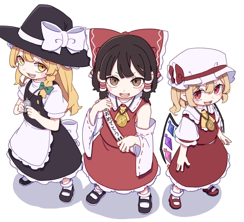 hakurei reimu, kirisame marisa, and flandre scarlet (touhou) drawn by kame_(kamepan44231)